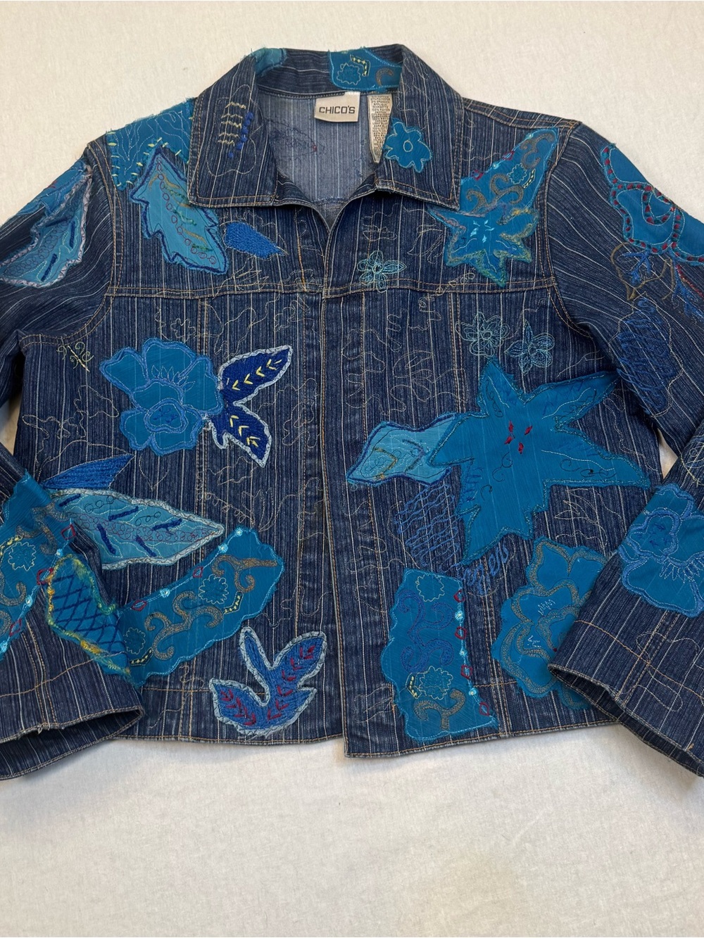 Chico's Patchwork Blue Floral Denim Jacket